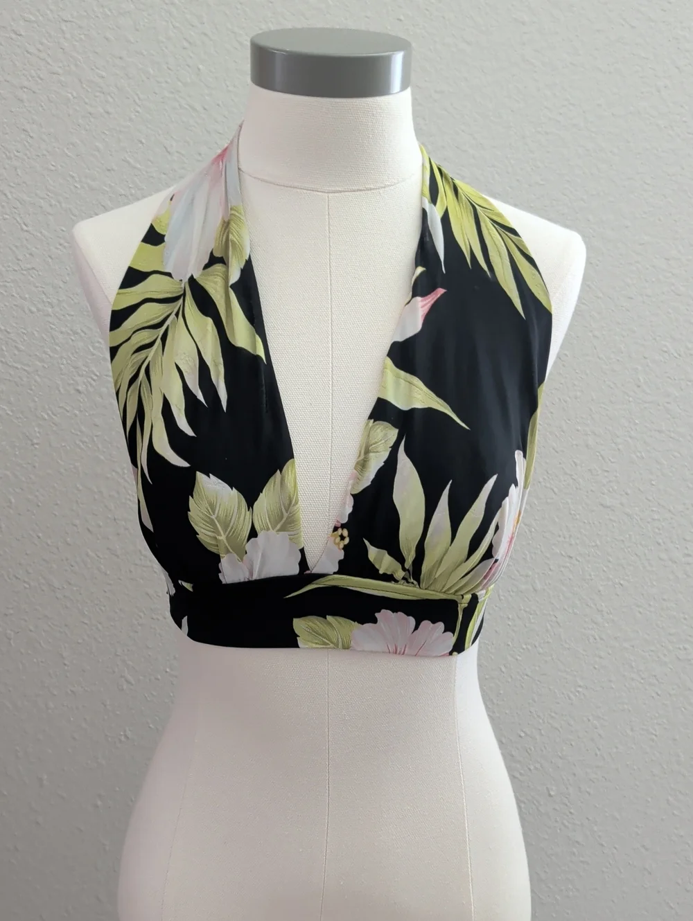 Halter Bikini Top in Black and Green Tropical Print